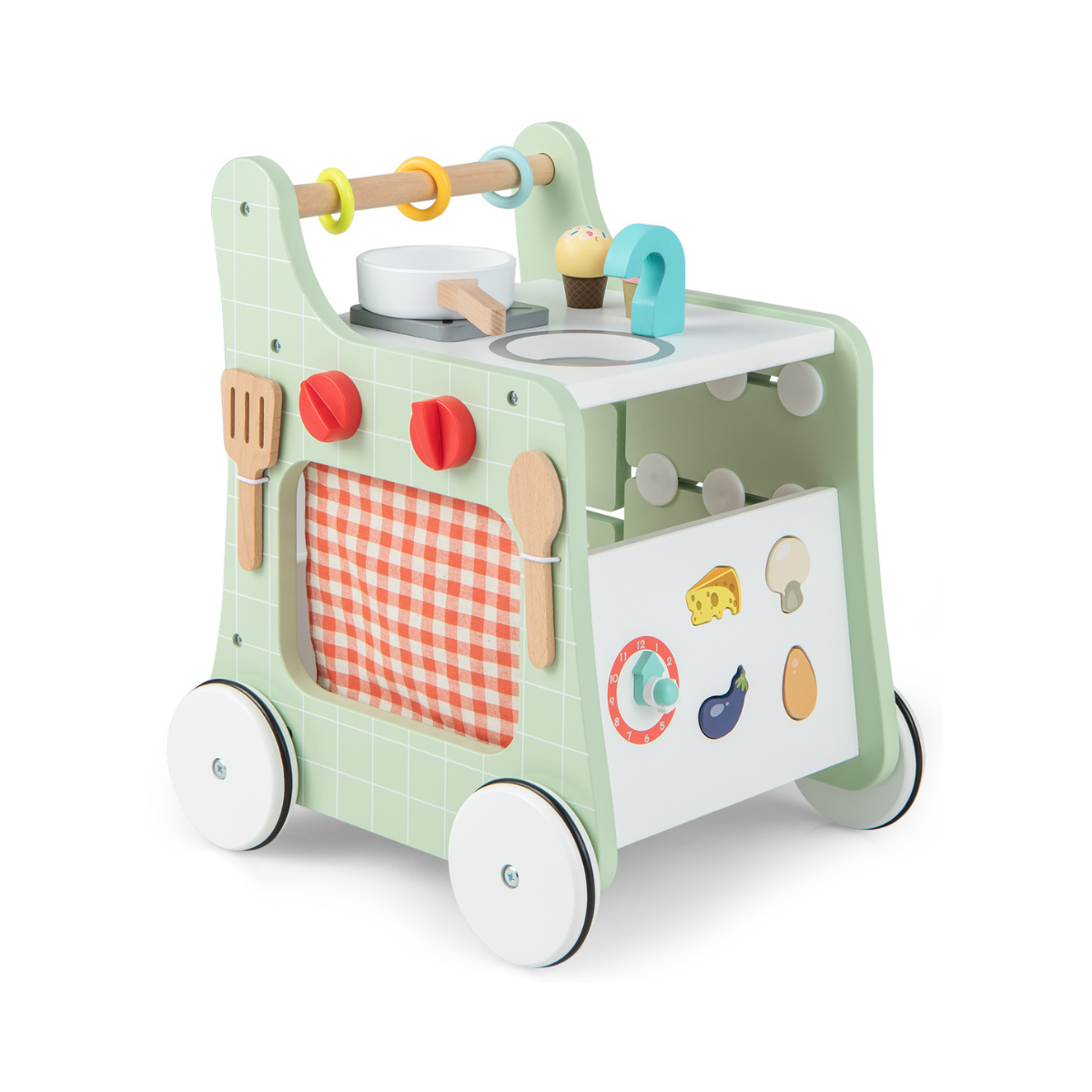 6-ühes puidust käimistugi mänguköögi õppekella kujundite sobitamise ja liikuva lükkajaga roheline