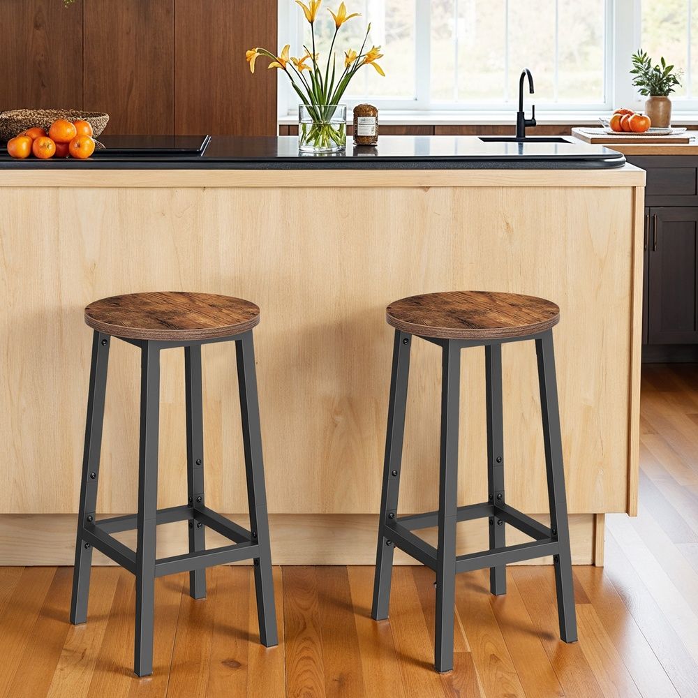 Baaritoolid, 2 tk komplekt, köögitoolid tugeva terasraamiga, kõrgus 65 cm, ümmargused, lihtne kokku panna, industriaalne stiil, vintage pruun-must