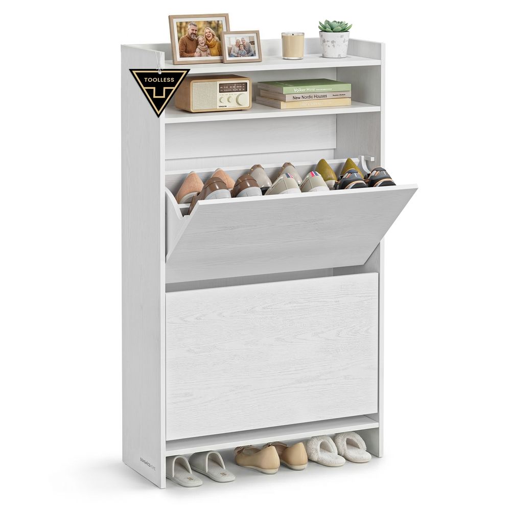 Kahe klapiga kitsas jalanõukapp – tööriistavaba kokkupanek, reguleeritavad vaheseinad, modernne disain, lumivalge