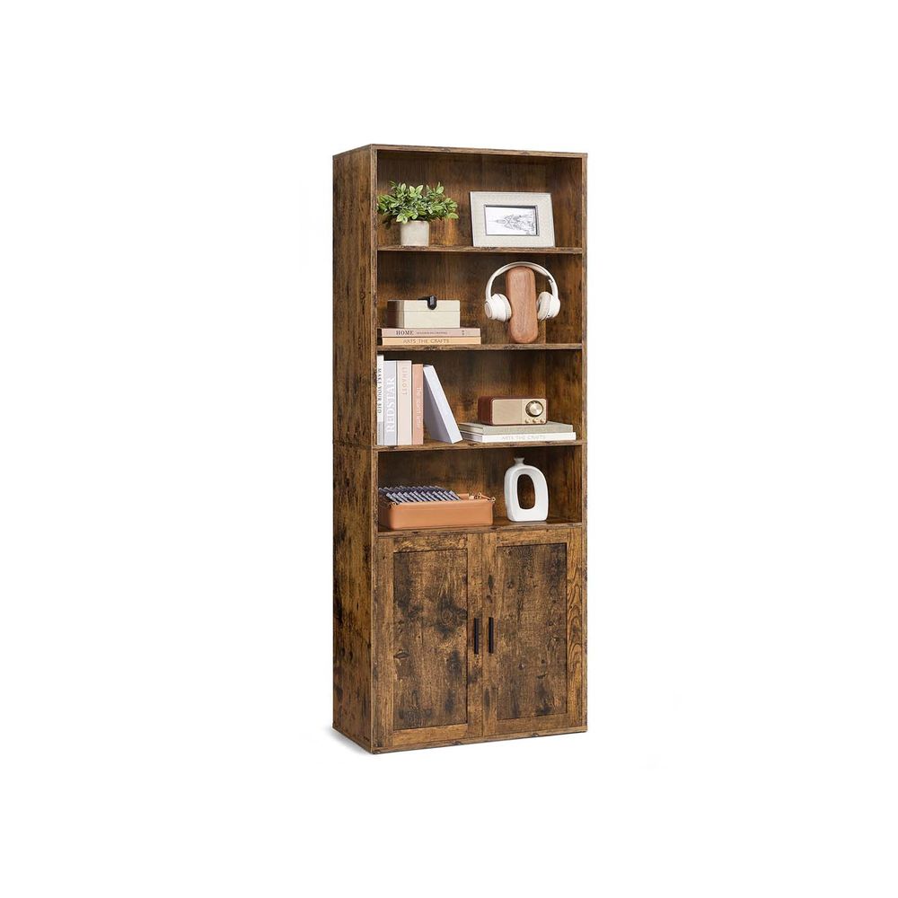 Raamaturiiul, 6-tasandiline kõrge riiul ustega, 24 x 60 x 175 cm, elutuppa, kodukontorisse, söögituppa, rustikaalne pruun