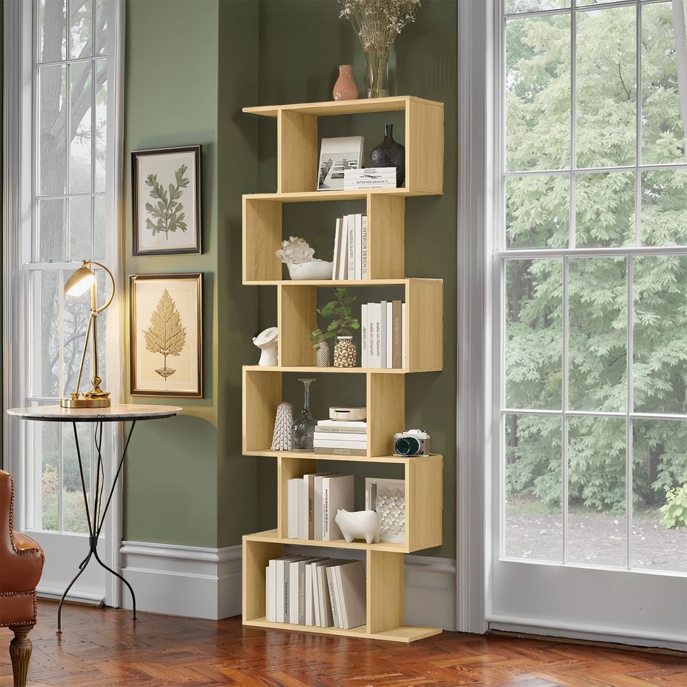 Raamaturiiul, riiul, stendriiul esitlemiseks, vabalt seisev kapp, dekoratiivriiul 6 tasemega, greige LBC061M01