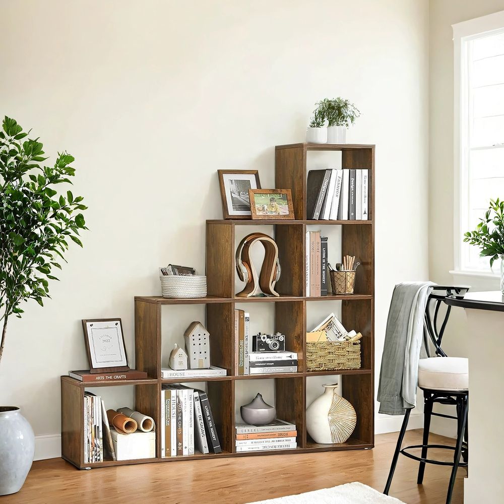 Raamaturiiul 10 riiuliga, avatud riiul, astmeriiul, korrastussüsteem dekoratsioonide, taimede, elutoa, magamistoa, kabineti jaoks, pilvevalge