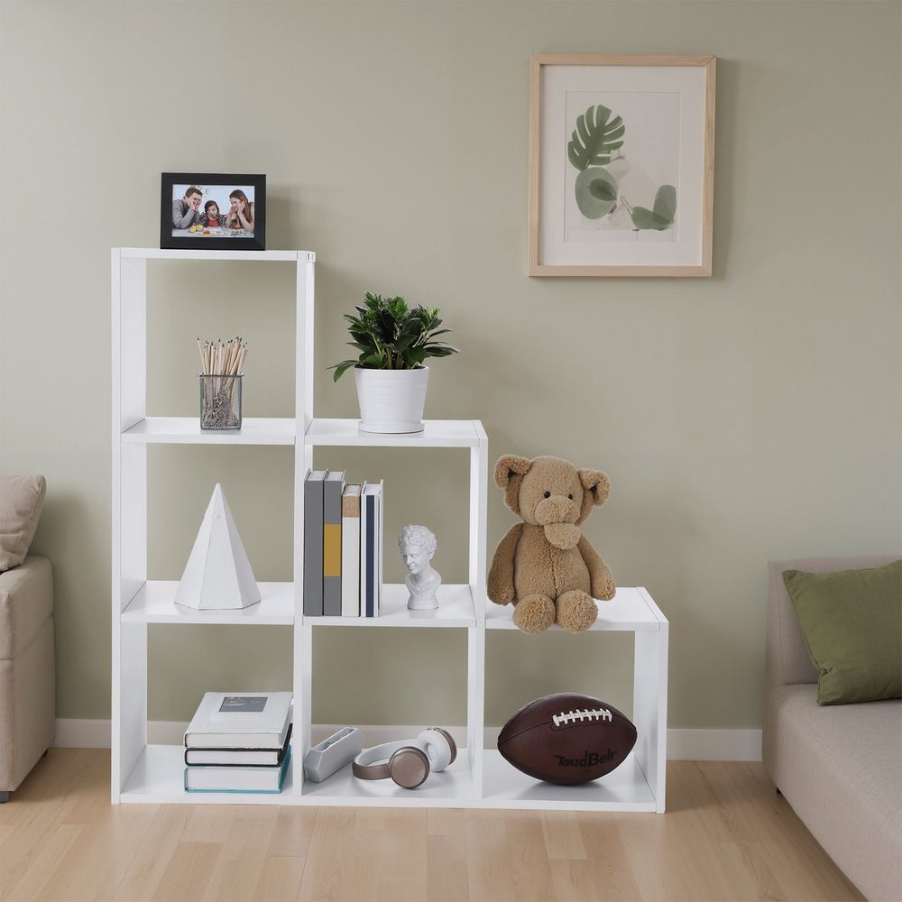 Raamaturiiul, trepiriiul 6 sektsiooniga, 6-kuubik, puidust vitriinriiul, iseseisev riiul, ruumijagaja, 97,5 x 97,5 x 29 cm, valge LBC63WT