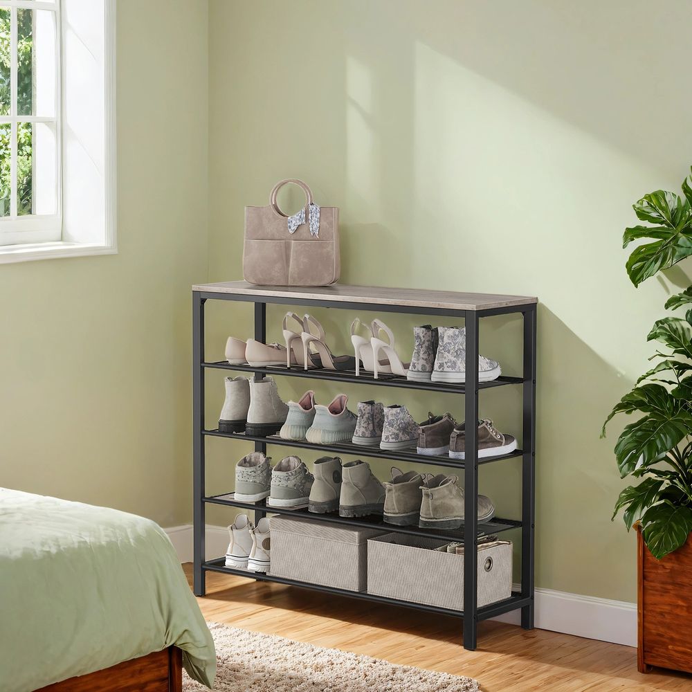 Jalanõuderiiul, 4 traatriiuli ja rohke kottide hoiuruumiga, 100 x 30 x 92,5 cm, 16-20 paari jalanõusid, tööstusdisain, sarapuupruun-must