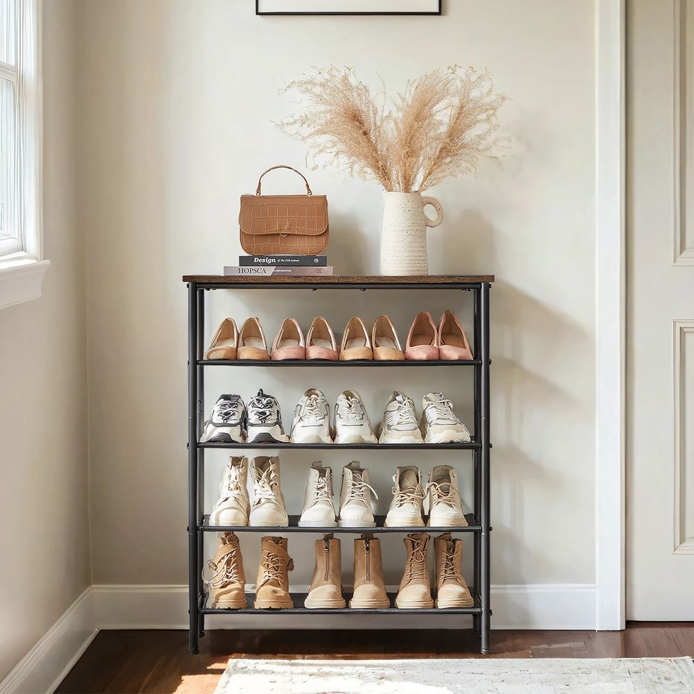 Kingariiul, kingahoidla 5 tasemega, kingahoidlad, kitsas, metallraam, 4 riiulit polüesterkangast, esikusse, koridori, tööstusdisain, vintagepruun-must LBS036B01