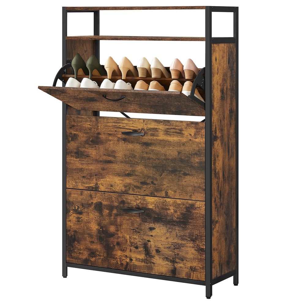 Jalanõudekapp, kingariiul, 3 uksega, jalanõude hoiustamiseks, 15-18 paarile jalanõusid, 60 x 30 x 130 cm, vintage pruun-must
