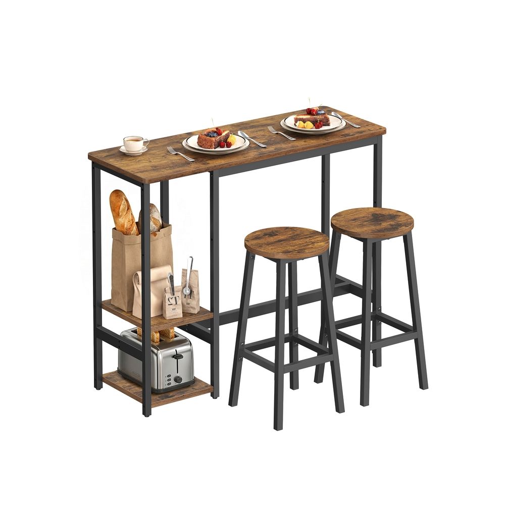Baarilaud 2 baaritooliga, söögilauakomplekt riiuliga, metallraam, vintage pruun ja must
