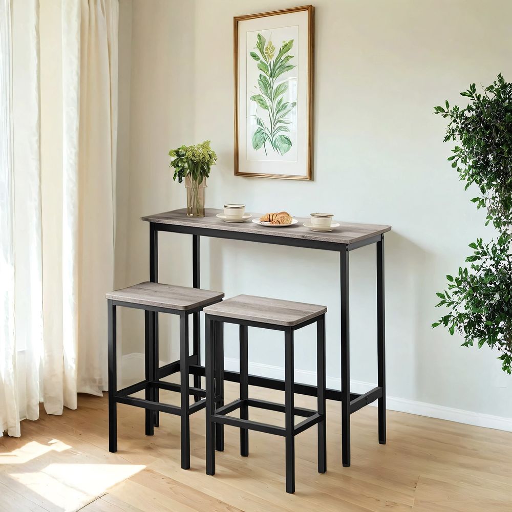 Söögikomplekt, baarilaua komplekt, kõrge laud (100 x 40 x 90 cm) 2 baaritooliga (igaüks 30 x 40 x 65 cm), metallraam, tööstusdisain, söögituppa, elutuppa, vintagepruun-must LBT218B01