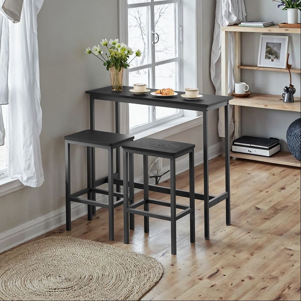 Söögikomplekt, baarilaua komplekt, seisulaud (100 x 40 x 90 cm) koos 2 baaritooliga (igaüks 30 x 40 x 65 cm), metallraam, tööstusdisain, söögituppa, elutuppa, vintagepruun-must LBT218B01