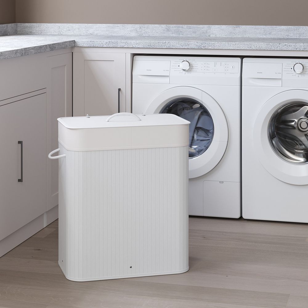 Bambusest pesukorv, 100 L pesusorteerija 2 sektsiooniga, kokkupandav pesukoguja eemaldatava pesukotiga, käepidemetega pesukast, 52 x 63 x 32 cm, naturaalne värv LCB64Y