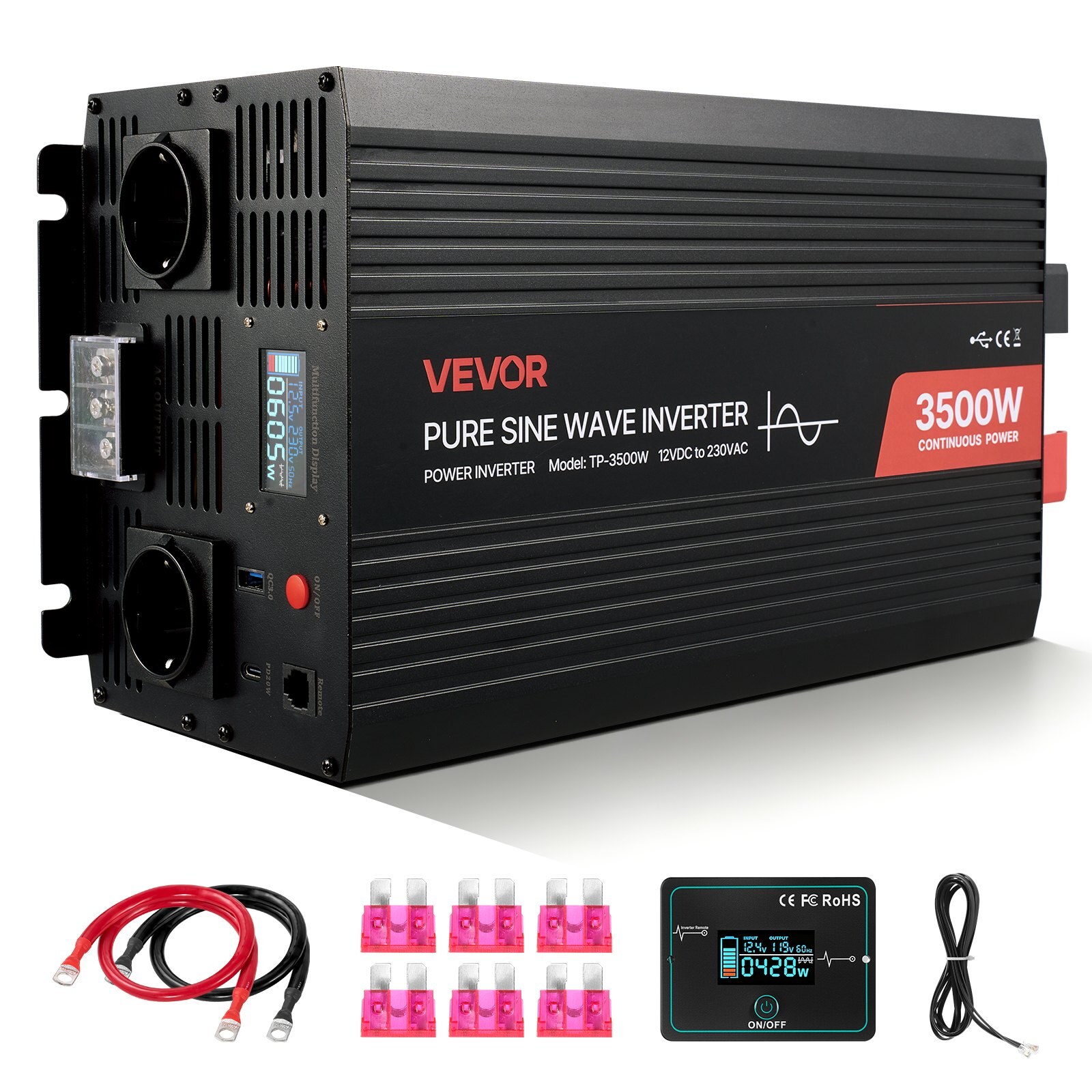 3500 W võimsusmuundur, 12 V alalisvoolust 230 V vahelduvvooluni puhas siinuslaine inverter
