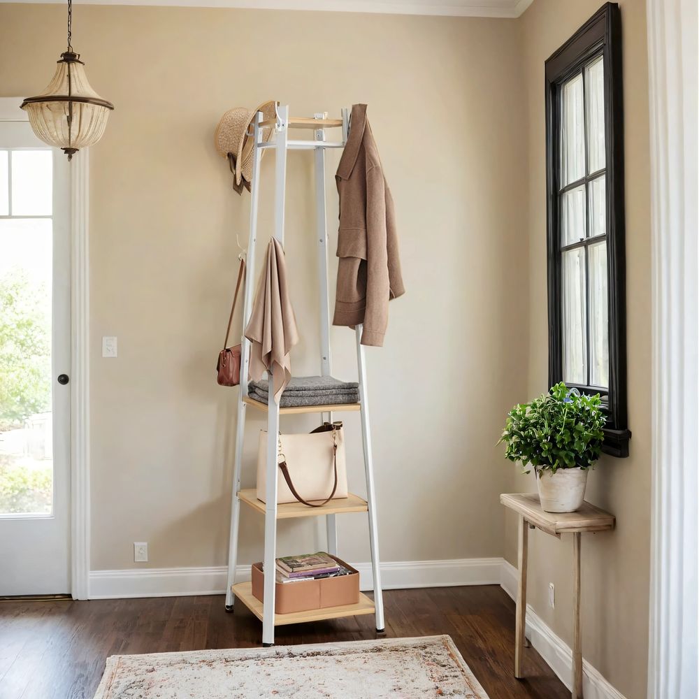 Riidenagi, riidestange, nagi 8 topeltnagiga, 4 riiulit, riidepuu, metallraamiga, jakkide, kottide jaoks, esikusse, magamistuppa, tammevärvi-valge LCR080W09