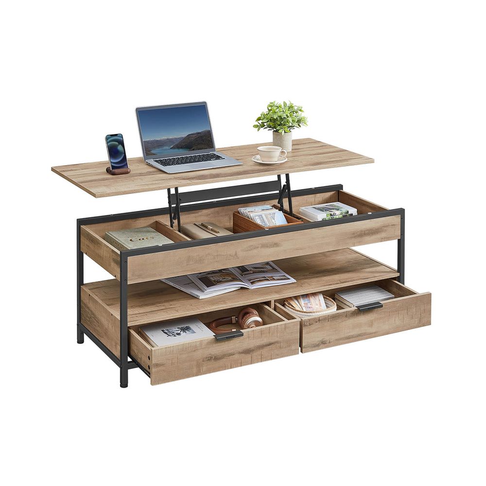 Diivanilaud, kõrguses reguleeritav elutoalaud, kohvilaud, sahtlitega, avatud riiul, 50 x 120 cm, kaamelipruun-tindimust LCT252K02