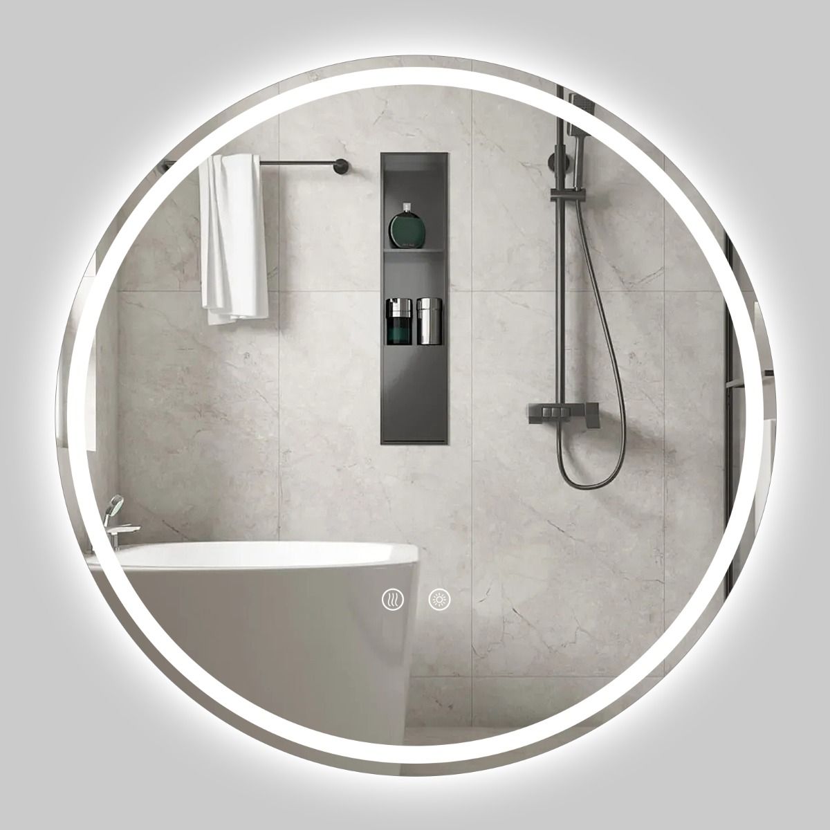 Ø80 cm ümmargune LED-valgustusega peegel reguleeritava heledusega ja puutetundliku lülitiga
