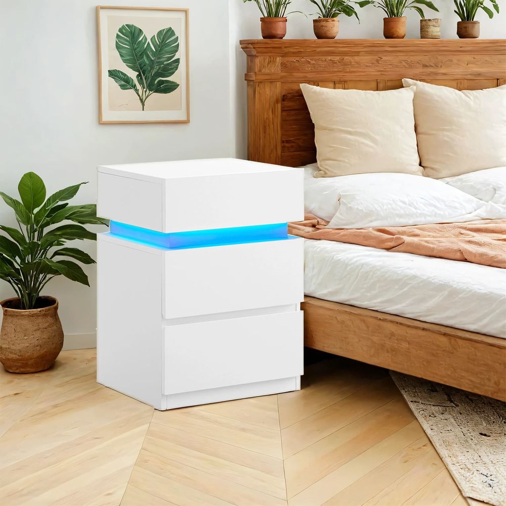 Öökapp LED-valgustusega, abilaud, reguleeritavad värvid, diivanilaud 3 sahtliga, öökapp magamistuppa, elutuppa, kaasaegne, valge LET630T10