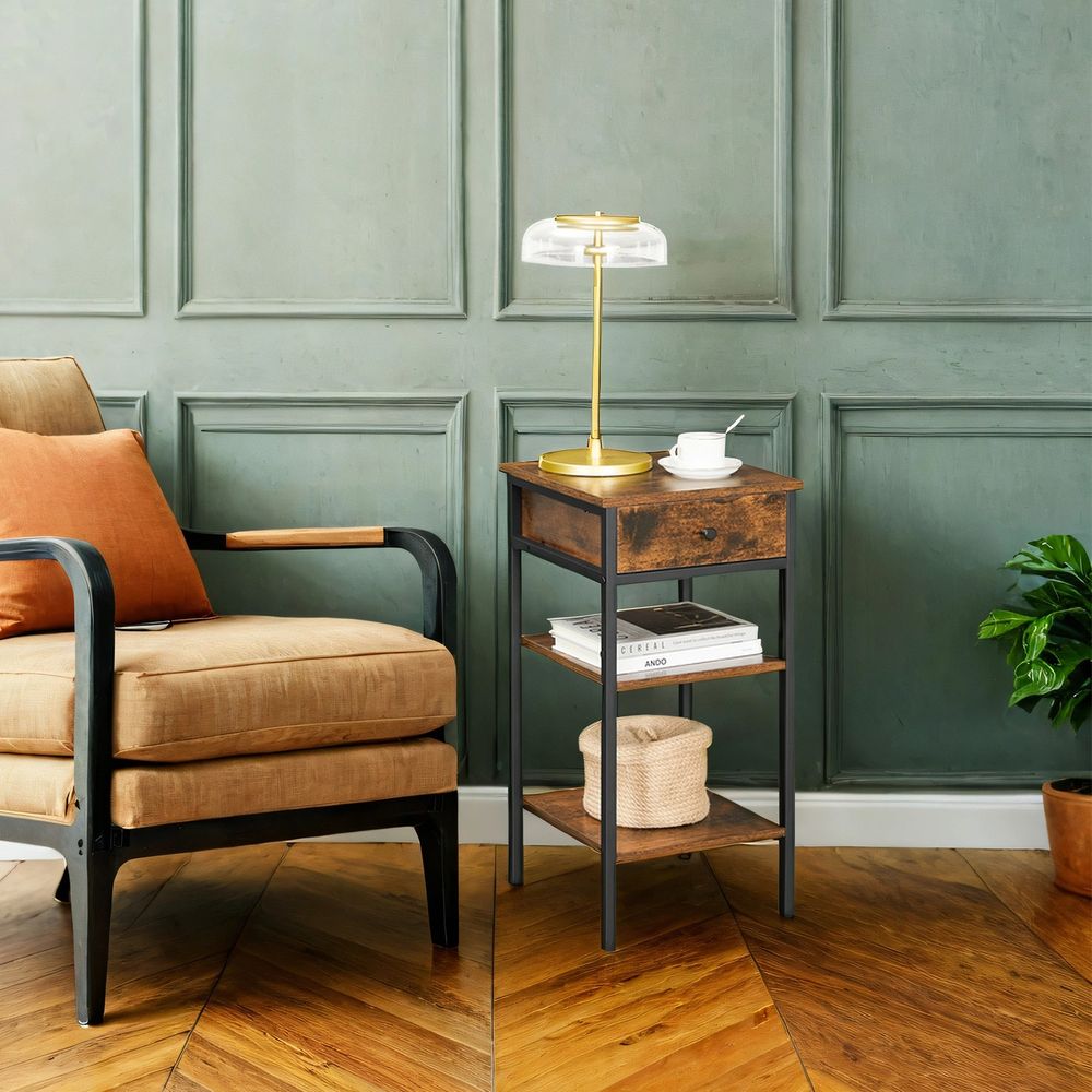 Öökapp, abilaud, kõrge, ühe sahtli ja 2 riiuliga, ruumisäästlik, industriaalstiil, vintagepruun-must LET502B01