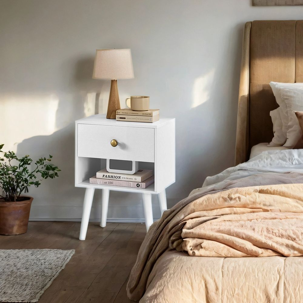 Öökapp, 2-osaline komplekt, abilaud sahtli ja avatud riiuliga, puidust jalad, diivanilaud elutuppa, magamistuppa, diivani juurde, lumivalge