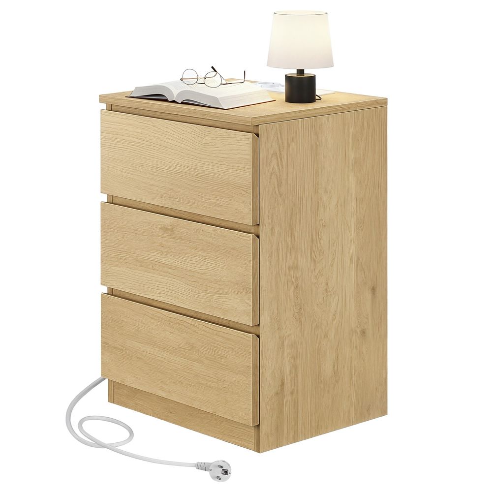 Öökapp pikendusjuhtmega, abilaud 3 sahtliga, 2 vahelduvvoolu pistikupesa, 2 USB-A porti, moodne, pilvevalge
