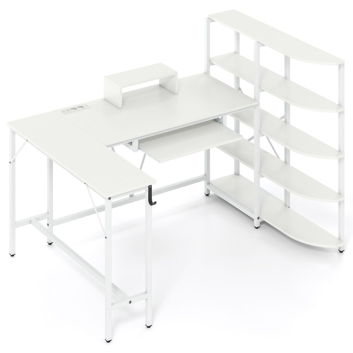 L-kujuline kirjutuslaud hoiuriiulitega nurgaarvutilaud laadimisjaamaga mängulaud valge