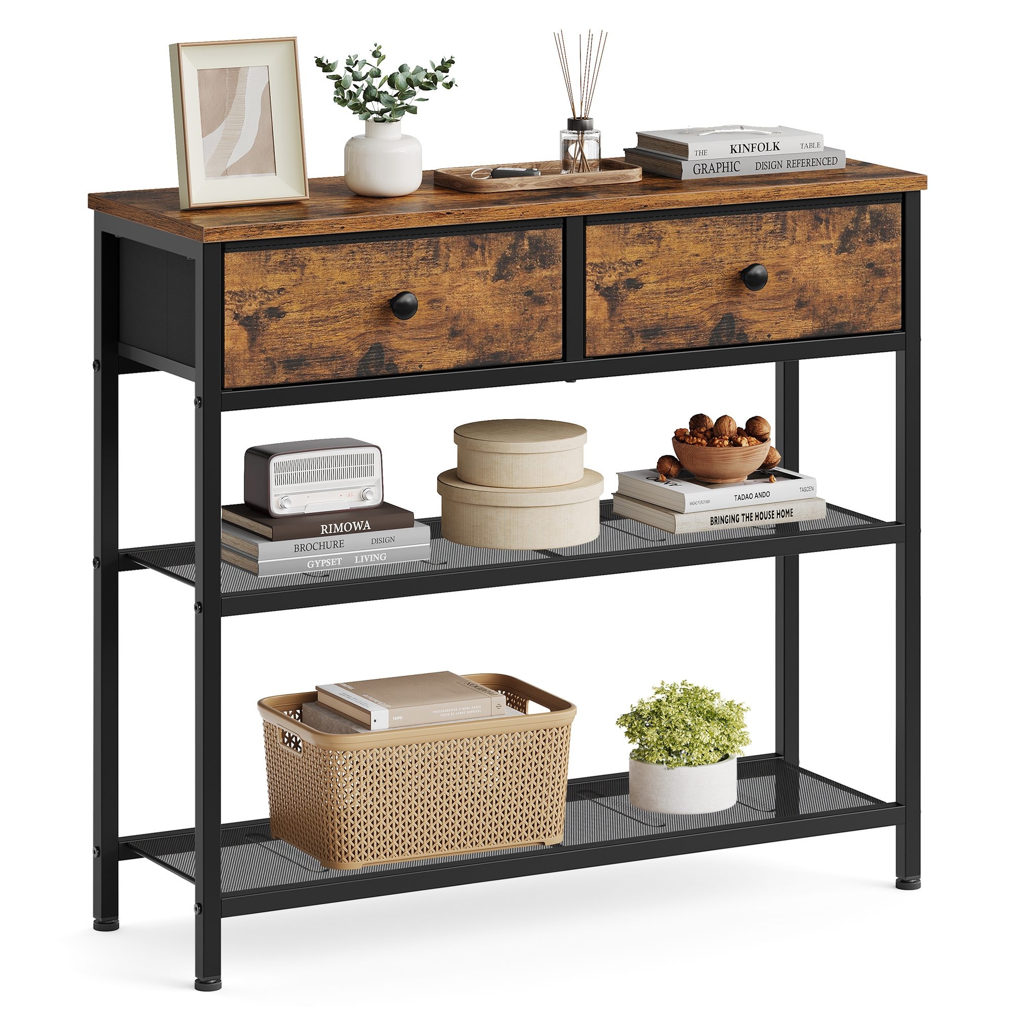 Konsoollaud, 2 sahtliga, 76,7 x 30 x 78,7 cm, vintage-pruun