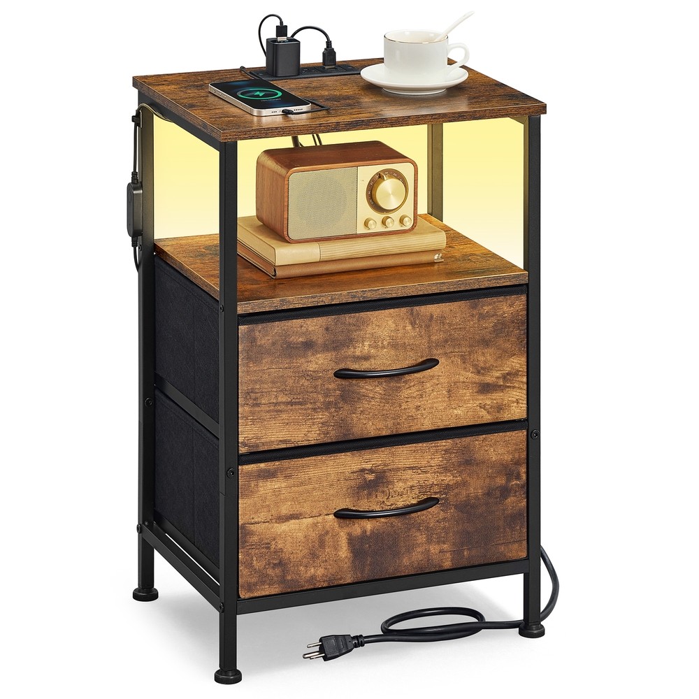 Öökapp LED-valgustuse ja pistikupesadega, 39,6 x 30 x 60,4 cm, must-vintage-pruun