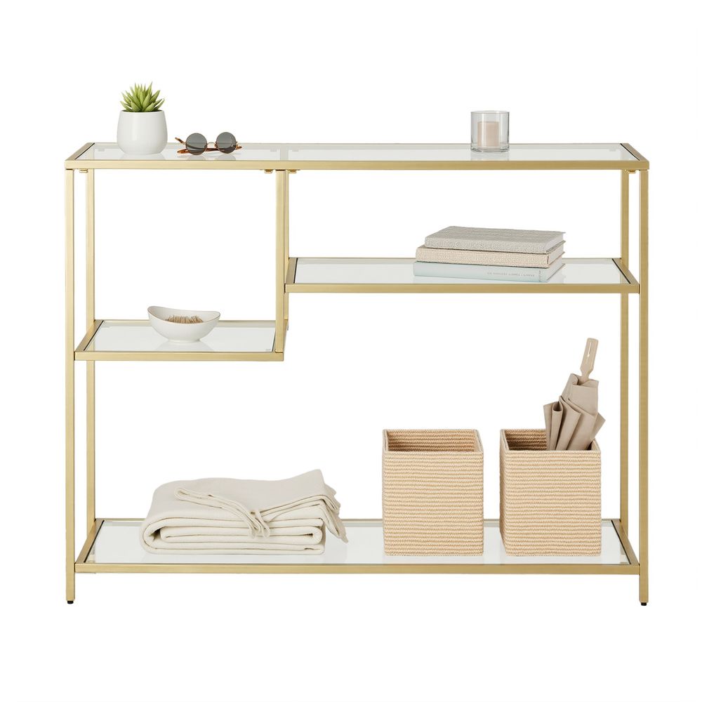 VASAGLE konsoollaud, esikulaud, abilaud, karastatud klaasist, metallraam, riiulitega, 35 x 100 x 80 cm, moodne, esikusse, elutuppa, kuldse värvi