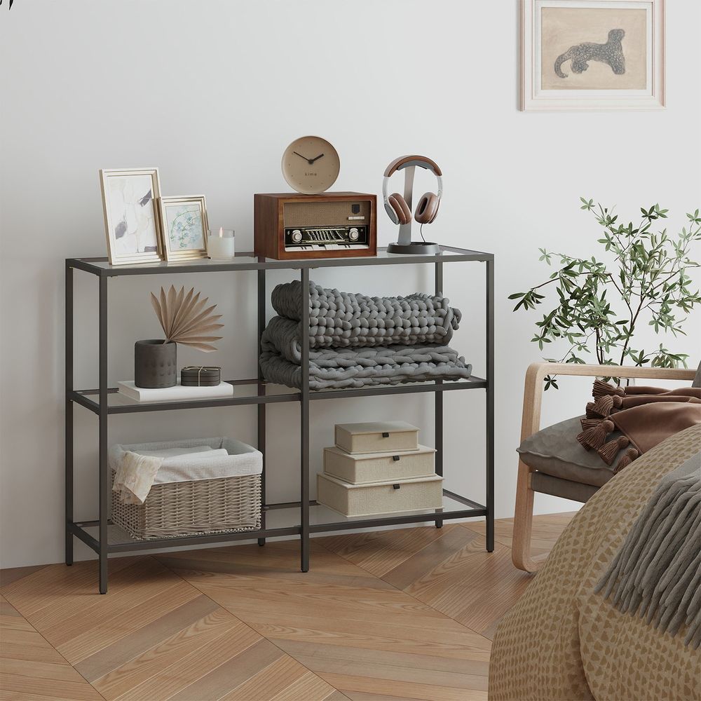 Konsoollaud, esikulaud, 3 riiulit, abilaud, karastatud klaasist riiulid, 100 x 30 x 73 cm, metallraam, moodne, esikusse, elutuppa, magamistuppa, must