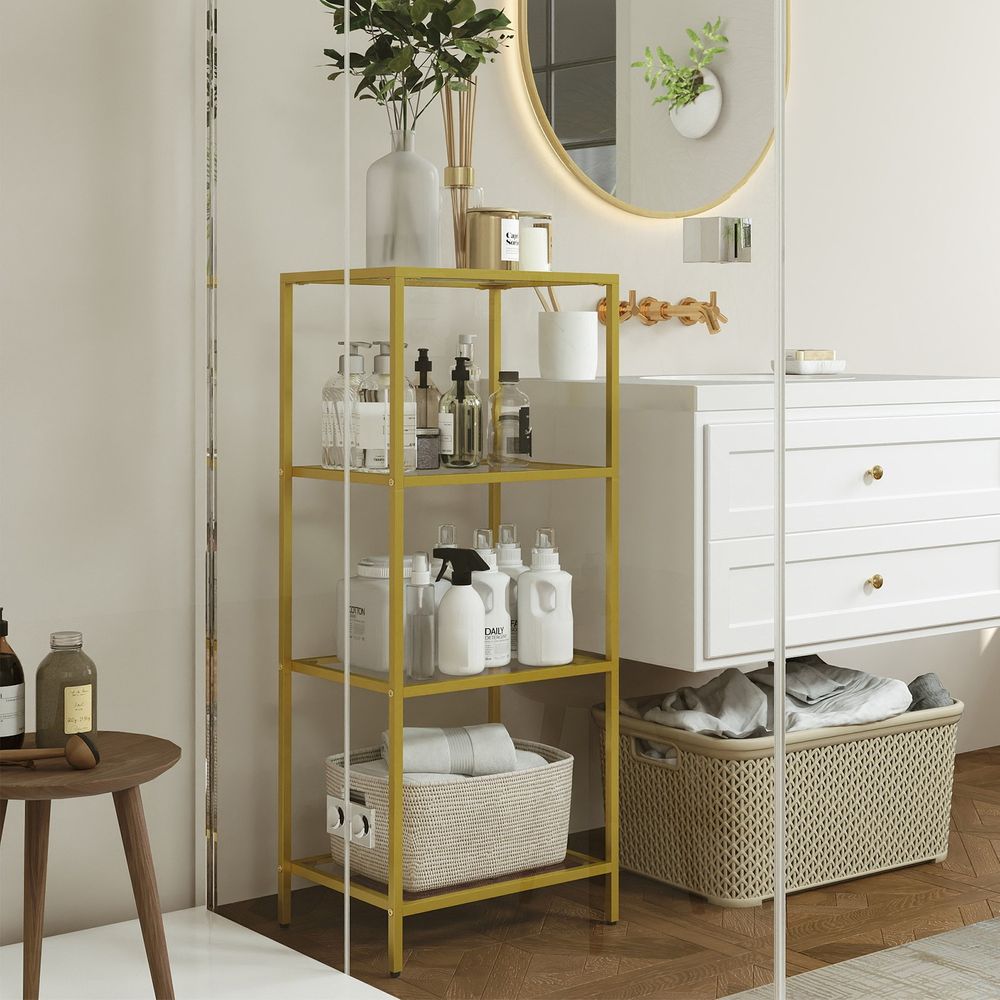 Vannitoa riiul, eraldiseisev riiul, köögiriiul, esiku riiul, elutoa riiul, taimeriiul 4 karastatud klaasist riiuliga, vastupidav, lihtne kokku panna, sobib elutuppa, magamistuppa, kontorisse, kuldse värvi