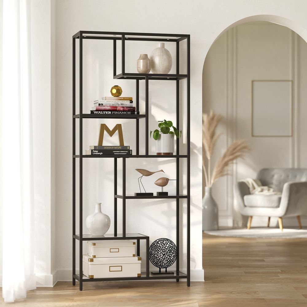 Raamaturiiul, riiul 6 riiuliga, põrandariiul, karastatud klaasist riiulid, 30 x 80 x 180 cm, töötoa, kontori, elutoa, magamistoa, köögi jaoks.