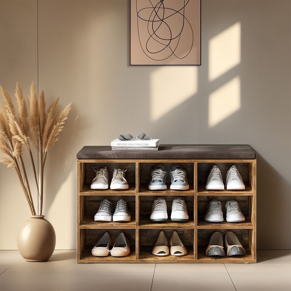 Kingapink, kingariiul istumisalusega, istumispink panipaigaga, padi, 9 sektsiooni, reguleeritavad riiulid, elutuppa, esikusse, 30,3 x 78,5 x 48 cm, vintagepruun LHS009B01