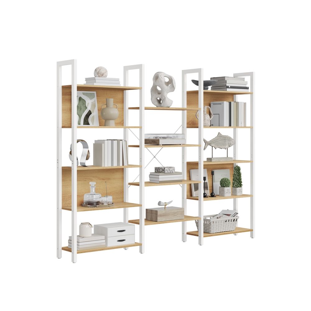 Raamaturiiul 14 riiuliga, metallraam, elutuppa või kontorisse, industriaalne stiil, 24 x 158 x 166 cm, matt kuld, tamm ja valge