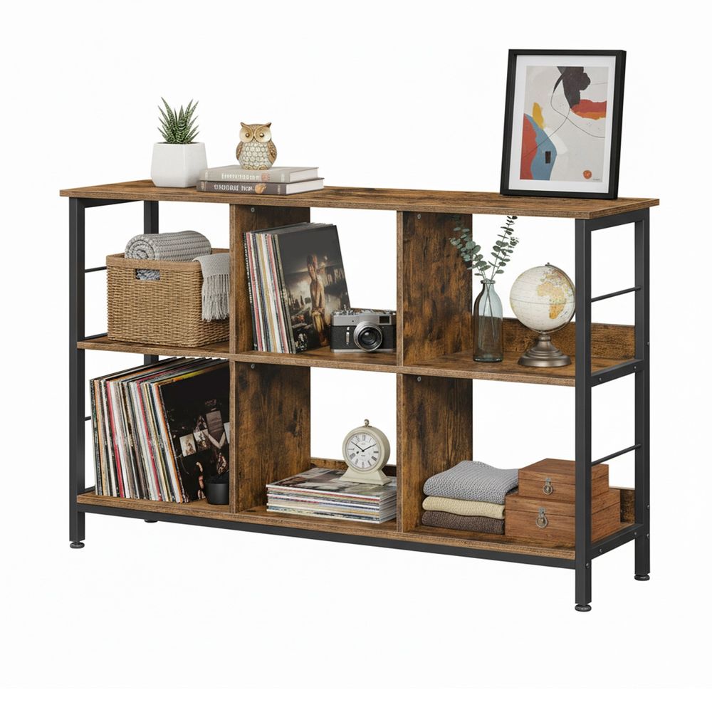 Kahetasandiline raamaturiiul, püstriiul, hoiuriiul 6 sektsiooniga, 33 x 120 x 80 cm, vintage pruun