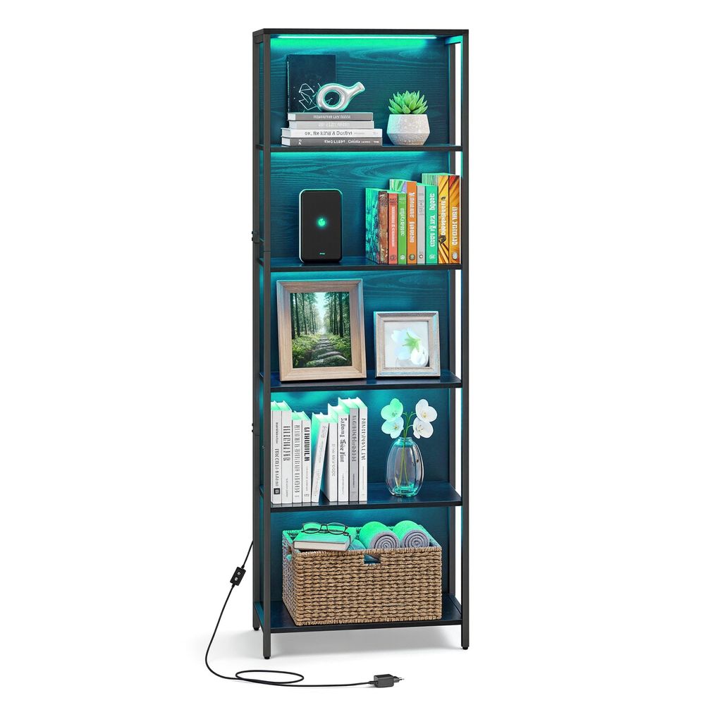 6-korruseline raamaturiiul, eraldiseisev riiul reguleeritava LED-valgustusega, terasraamiga riiul, 30,3 x 60 x 178,6 cm, eebenipuust must