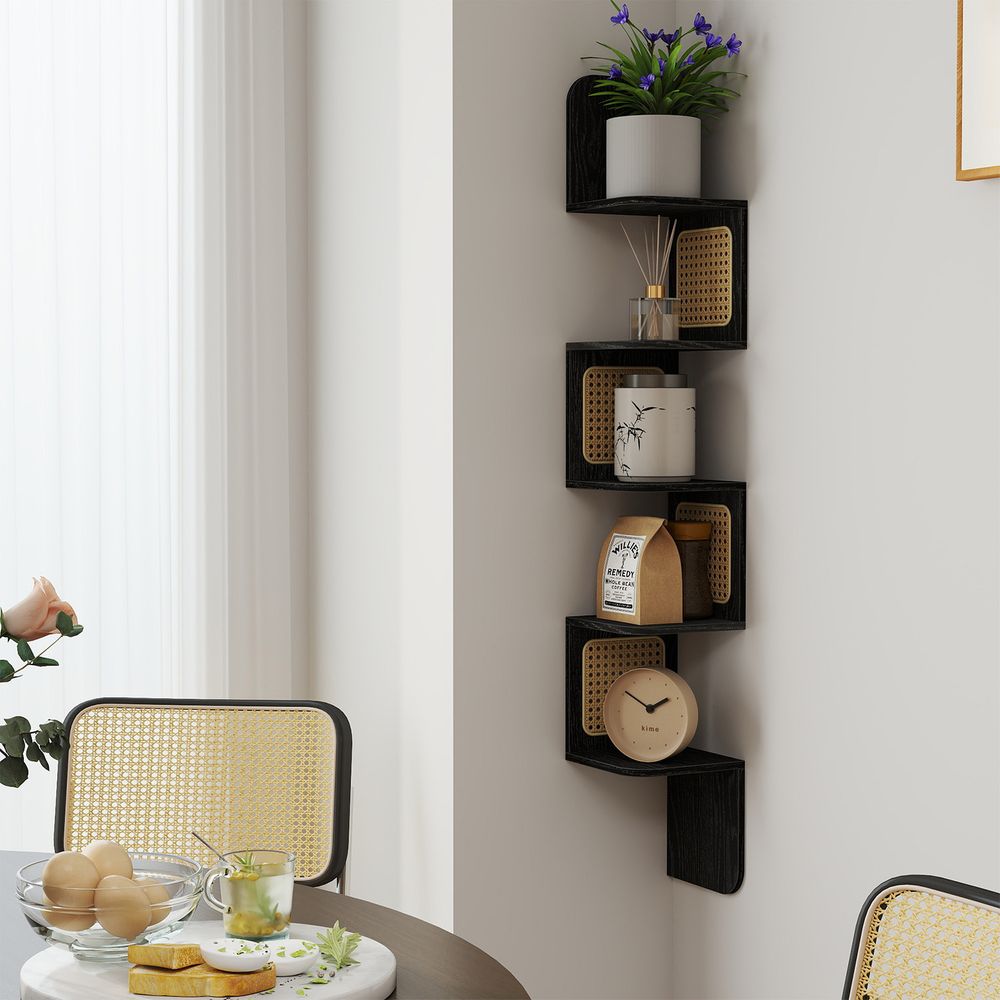 Nurgariiul, seinariiul 5 tasandit, ujuvriiul, seinakinnitusega riiul, siksak-kuju, PVC-rotangist külgpaneelid, ruumisäästlik, kööki magamistuppa elutuppa, boho-stiil