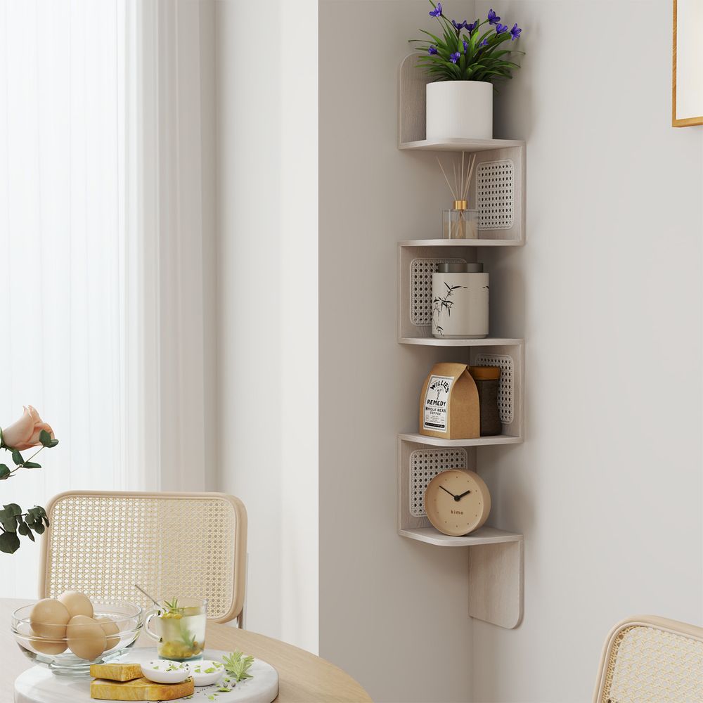 Nurgariiul, seinariiul 5 tasandit, ujuvriiul, seinakinnitusega riiul, siksak-kuju, PVC-rotangist külgpaneelid, ruumisäästlik, kööki magamistuppa elutuppa, boho-stiil