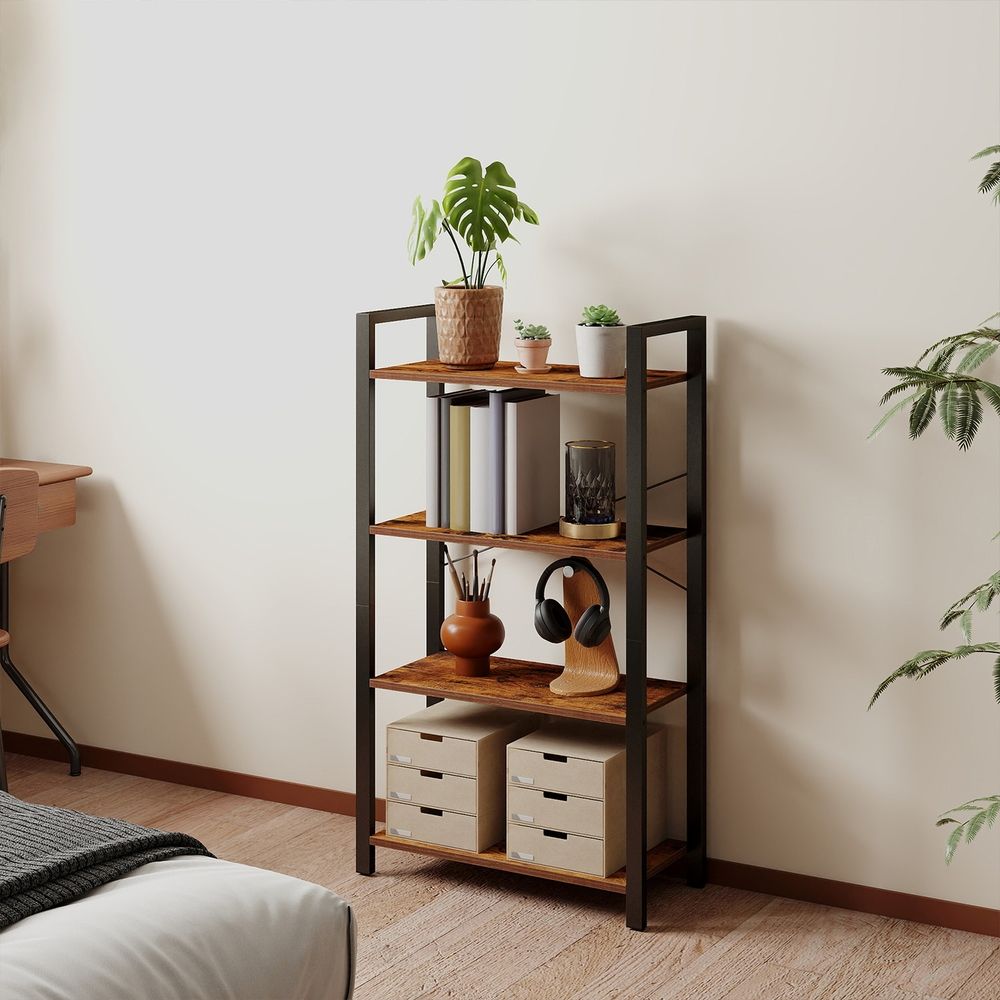 Raamaturiiul, eraldiseisev riiul, redelriiul, elutoa riiul, 4 riiulit, vastupidav raudraam, magamistuba, kontor, tööstusdisain, vintage, tumepruun