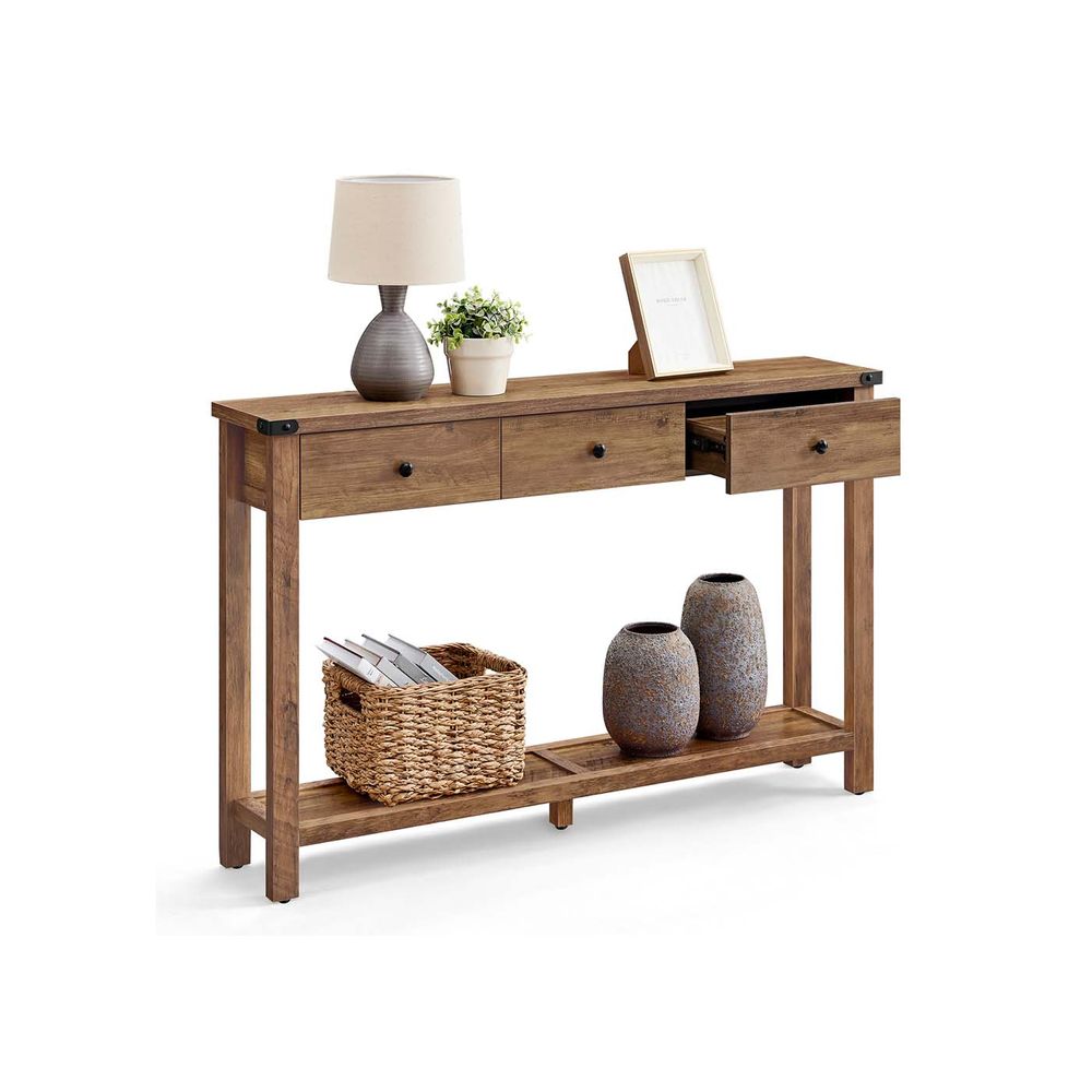 Konsoollaud kolme sahtli ja alumise riiuliga, kitsas, maamaja stiilis, meepruun