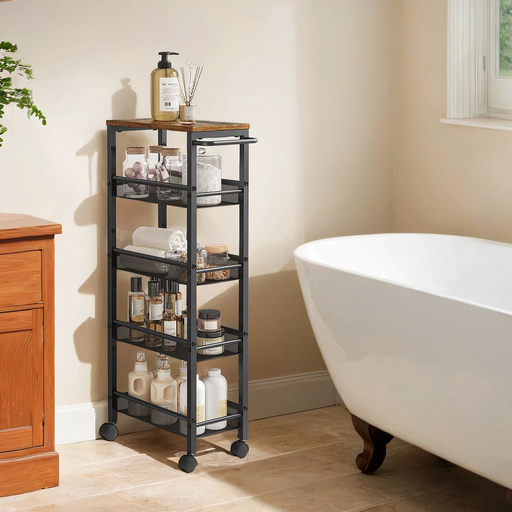 Riiulikäru 5 tasandit, kitsas köögikäru, niširiiul ratastel, teras, käepide, väikesed ruumid, 22 x 45,4 x 99,6 cm, köök, vannituba, elutuba, kabinet