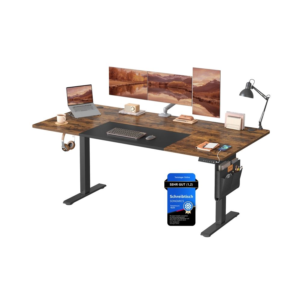 Elektriline reguleeritava kõrgusega kirjutuslaud, 180 x 80 cm, täielikult reguleeritav, 4 kõrguse mälufunktsiooniga, USB-C pordiga, vintage pruun ja mattmust