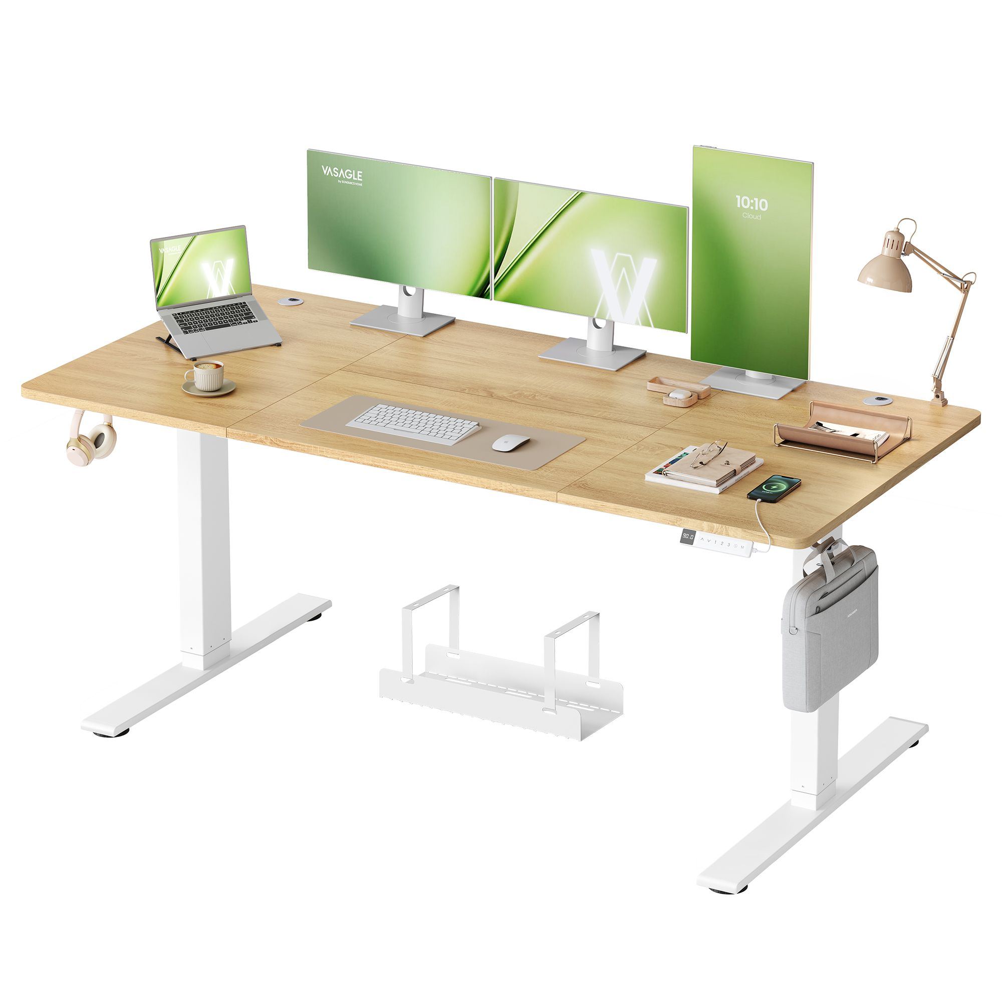 Kõrgusreguleeritav kirjutuslaud USB-C pordiga, 180 x 80 cm, kuldne tamm ja mattvalge