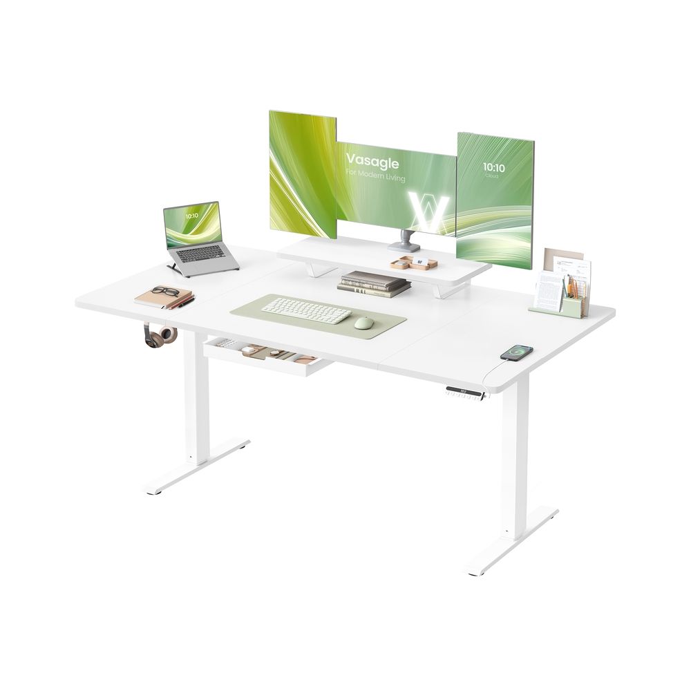Kõrguse reguleerimisega laud, 140 x 70 cm, painduvalt paigaldatav monitorialus, sahtel, USB-C port, istumismeeldetuletus, kontorisse, pilvevalge