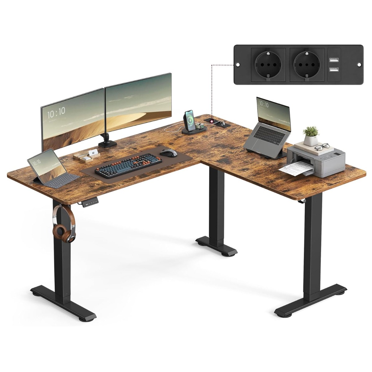 Reguleeritava kõrgusega elektriline nurgalaud 140 x 160 cm, L-kujuline, laadimisjaamaga, 2 kõrguse mälufunktsioon, kodukontorisse, vintage-pruun/tindimust