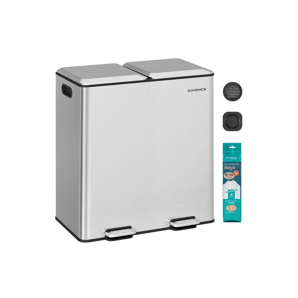 Prügikast kahe sektsiooniga, pehmelt sulguva pedaali ja sisemiste ämbritega, roostevaba teras