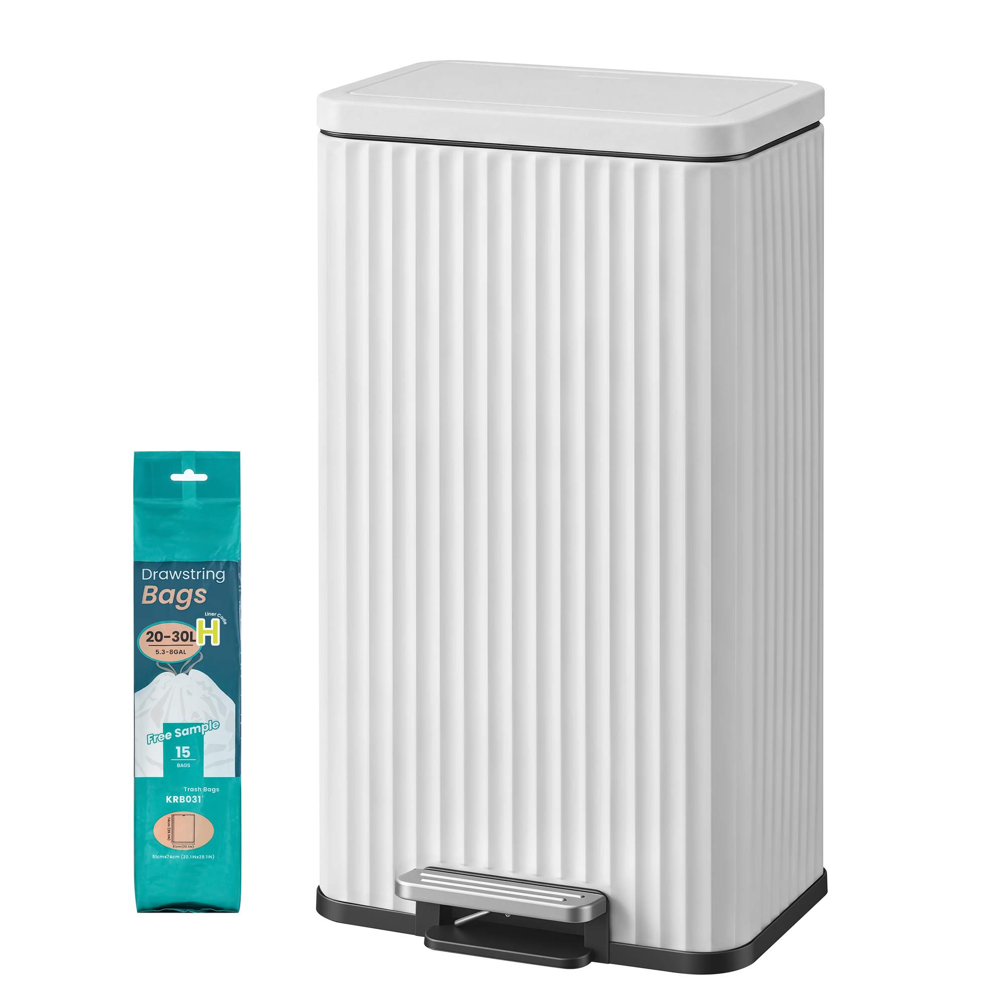 Terasest köögiprügikast soft-close kaane ja eemaldatava sisemise ämbriga, 30 L, valge