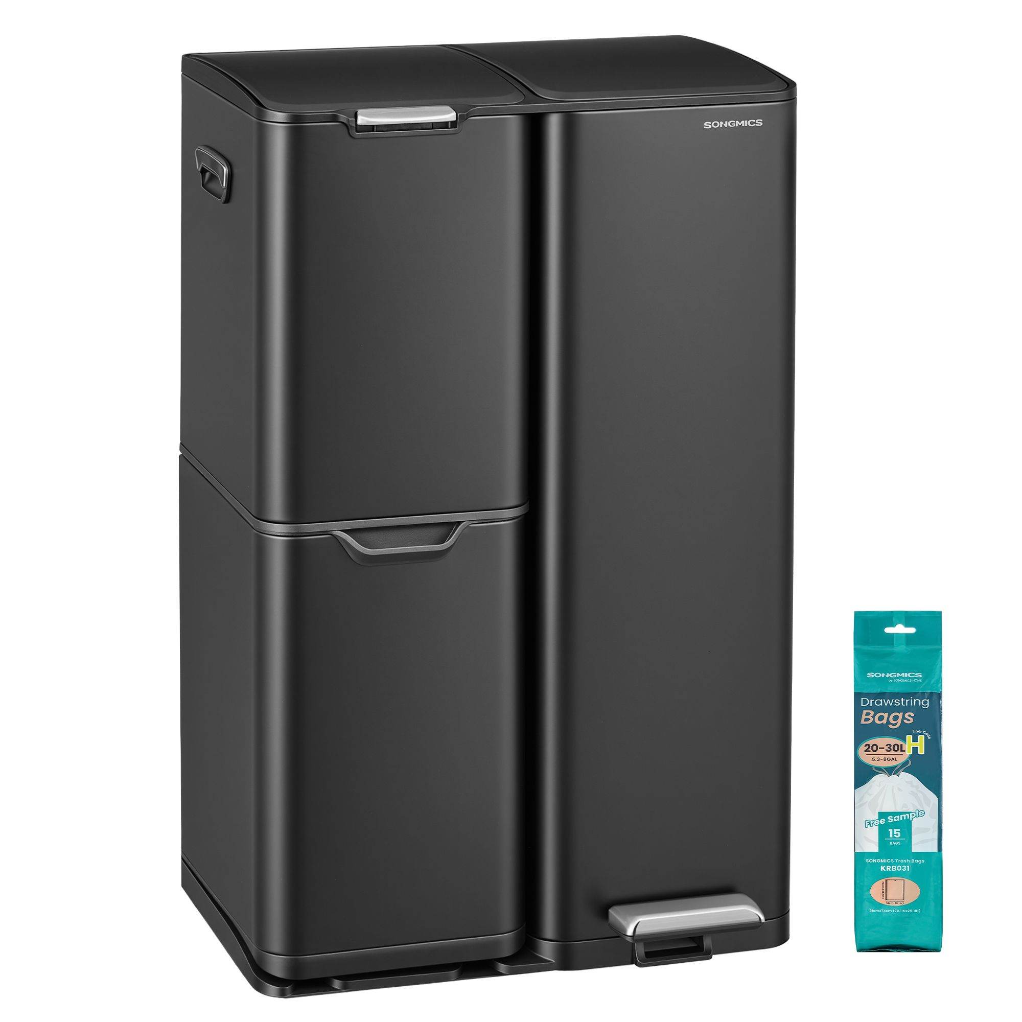 Köögi pedaaliga prügikast, 3 lahtrit, 60 L, must