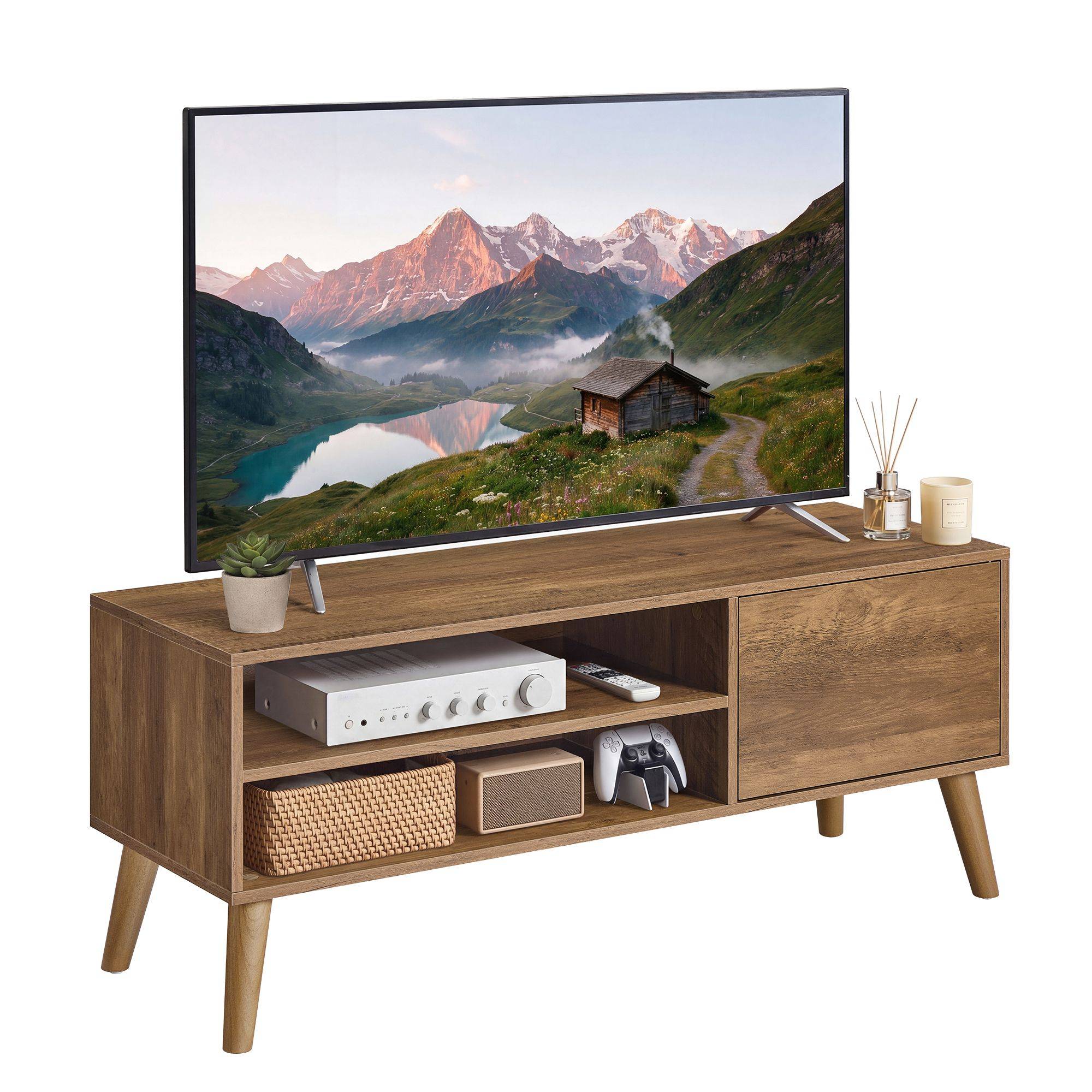 Mid-century-stiilis madal TV-alus kuni 55-tollisele telerile, meepruun