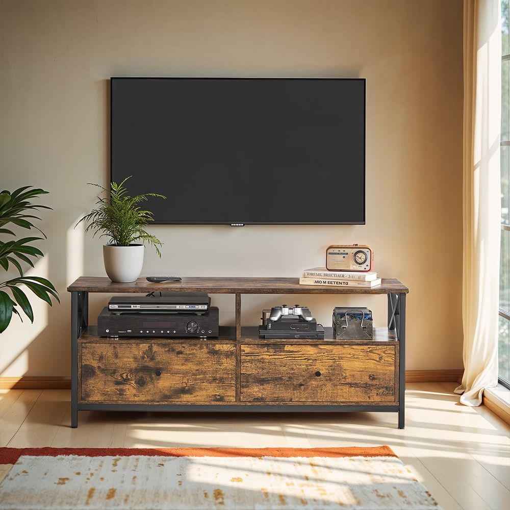 Televiisorialus, telerilaud, madal kapp kuni 55-tollistele teleritele, 2 sahtli ja 2 avatud sektsiooniga, 120 x 40 x 50 cm, elutuppa, terasraam, vintage-pruun-must