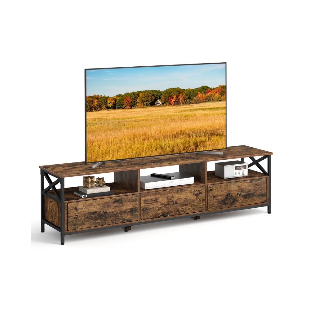 Televiisorialus, madal kapp kuni 80-tollistele teleritele, telerilaud 3 kangaga sahtliga, 3 avatud sektsiooni, 178 x 40 x 50 cm, elutuba, terasraam, vintage pruun-must