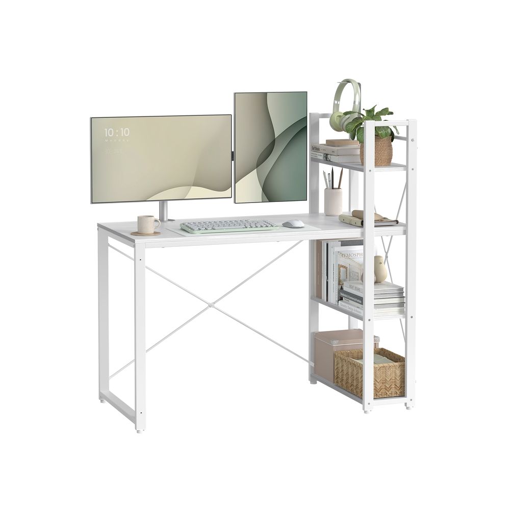Arvutilaud riiulitega paremal või vasakul, 120 cm lai, kodukontorisse, lihtne kokkupanek, vaher ja valge