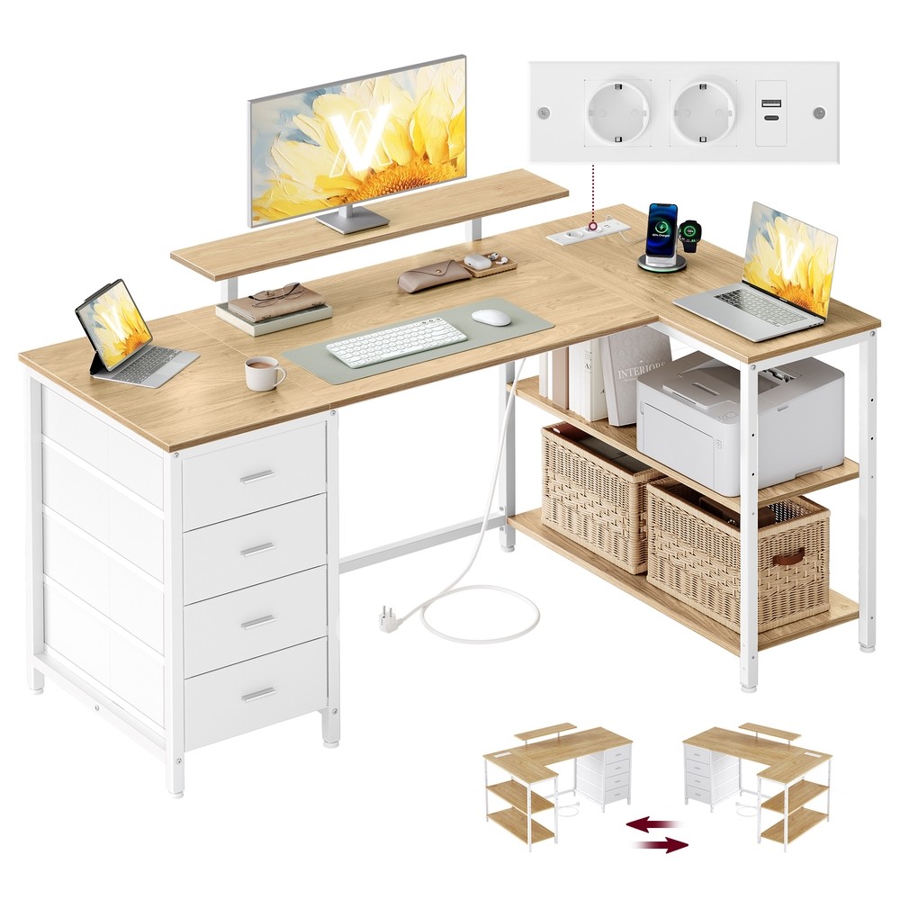 L-kujuline nurgakirjutuslaud USB-pesadega, 140 x 80 cm, valge-mattvalge